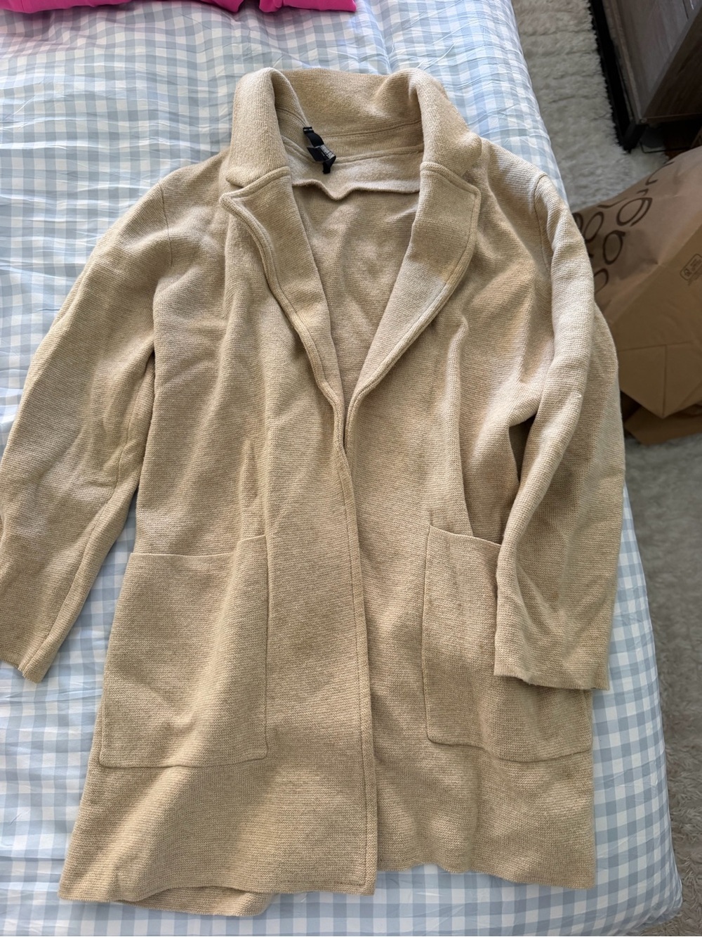 Beige Open-Front Long Knit Cardigan  - Women